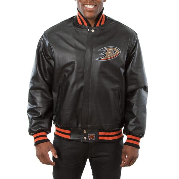 Anaheim Ducks Black Genuine Leather Varsity Jacket