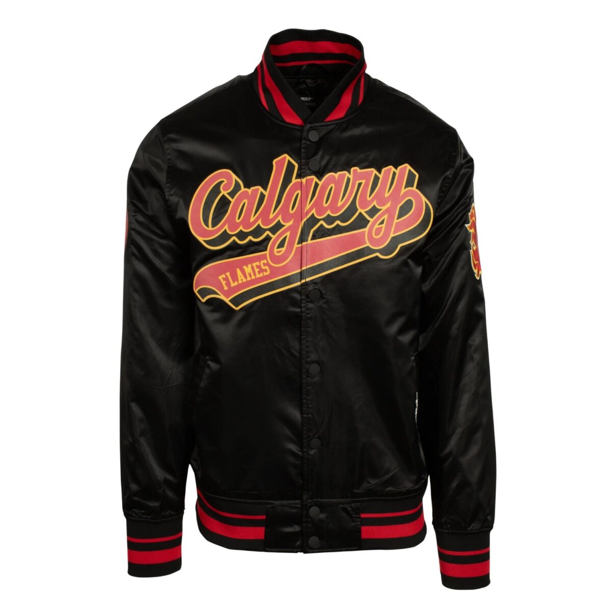 Calgary Flames Pro Standard Flames Script Tail Black Satin Varsity Jacket