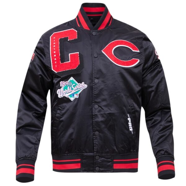 Cincinnati Reds Rib Knitted Full-Snap Black Satin Varsity Jacket